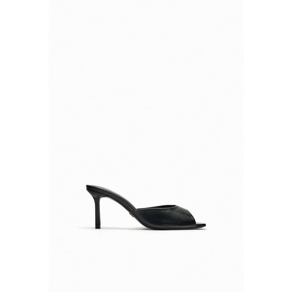 NEW Zara Black Real Leather Open Toe Slides Mules Medium Heel Size 41, 10